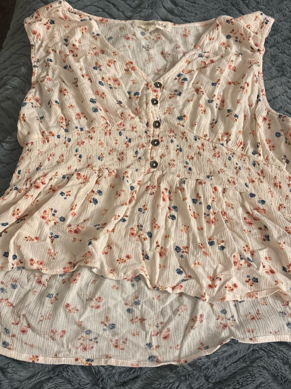 Rewind Cream Floral Smocked Button V-Neck Tank Top